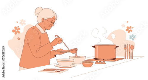 Senior Woman Cooking Soup in Kitchen, Hand Drawn Illustration with Warm Colors