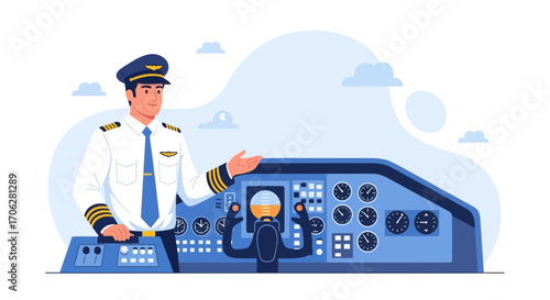 Professional Pilot Announcing Flight Details Inside the Airplane Cockpit for Aviation