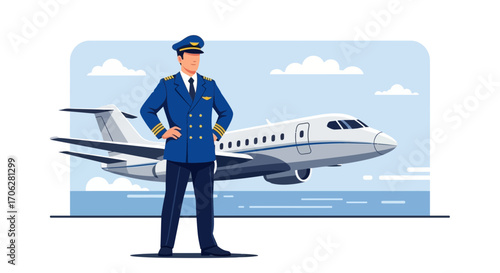 Professional Pilot Standing Proudly Besides His Commercial Jet Aircraft Ready For Flight