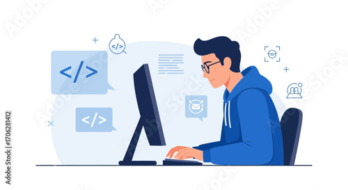 Programmer Writing Code on Computer, Concentrating on Creative Task Solving Problems