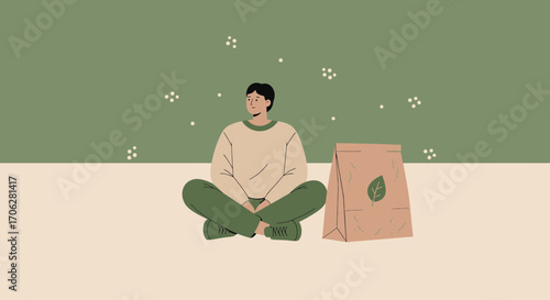 Serene Composition Features Person, Bag, and Natural Elements in Digital Illustration Form