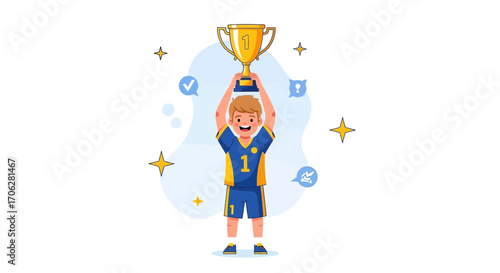 Proud Athlete Celebrates Victory Holding Up Trophy, Illustrating Triumph and Success