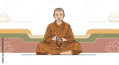 Serene Contemplation Depicted: A Calm Monk Practices Meditation in a Tranquil Setting