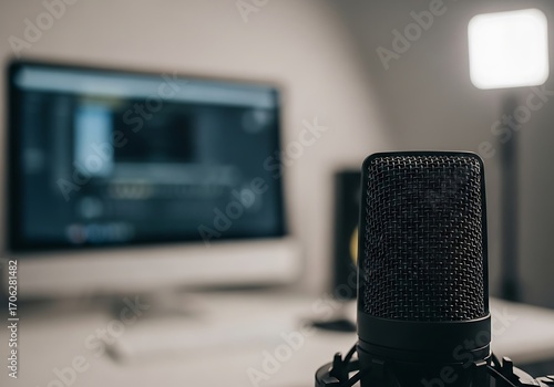 Home Office Workspace with Microphone and Computer.