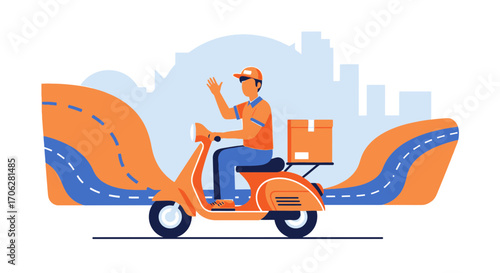 Prompt Delivery Service: Courier Riding Retro Scooter Delivering Package Cartoon Illustration
