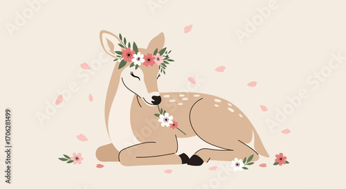 Serene Deer Adorned With Delicate Floral Crown And Tenderly Surrounded By Petals