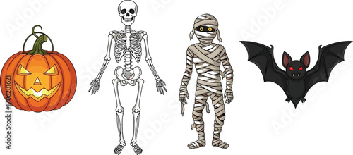 Halloween pumpkin skeleton mummy and bat on a white background illustration