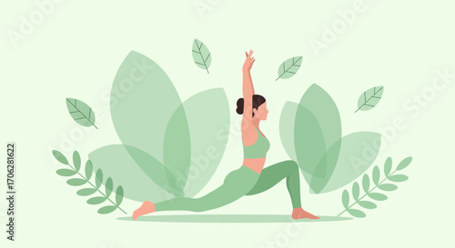 Serene Illustration of Yoga Pose With Botanical Background, Promoting Wellness and Balance