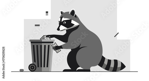 Raccoon Searching Trash Can For Food In Monochrome Style Illustration Design
