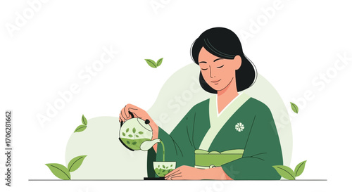 Serene Japanese Tea Ceremony: A Woman Pouring Matcha In Peace And Tranquility