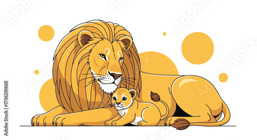 Radiant Lion And Cub Illustration Reflecting Strength, Bond, And Family Dynamics