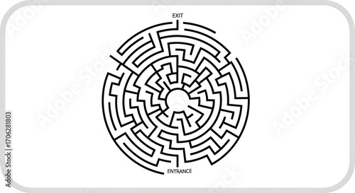 Black and white circular maze with entrance and exit, intricate design.