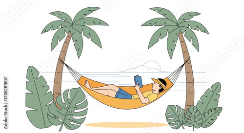 Relaxation And Leisure: A Person Reading A Book While Lounging In A Hammock