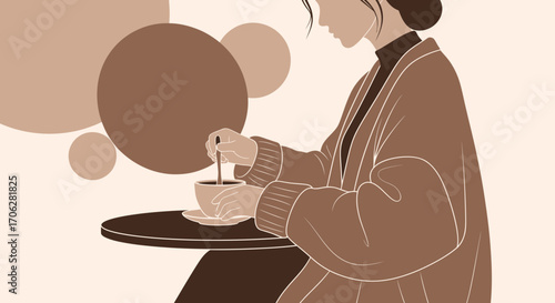 Serene Moment: Woman Enjoying Coffee Abstract Illustration With Circles And Relaxed Atmosphere