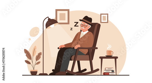 Serene Nap Time: An Elderly Man's Peaceful Slumber In Cozy Comfort