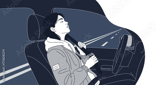 Relaxed Driver In A Car Resting With Seatbelt On During A Long Road Trip