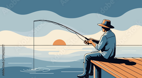 Serene Scene Depicting A Fisherman Enjoying A Peaceful Activity During Sunset