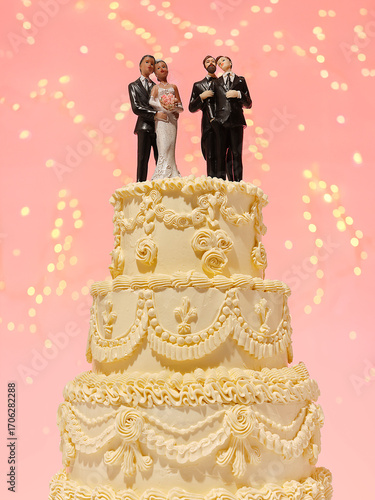 Wedding cake with LGBTQ and heterosexual couples against pink 