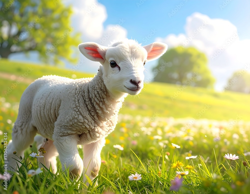 Obraz premium Cute lamb in a spring meadow (3)