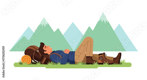 Relaxed Hiker Resting On Grass Against Mountains In A Peaceful Landscape