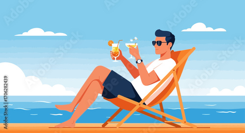 Relaxed Holiday Illustration With A Man Enjoying Beverages At The Seaside, Summer Scene