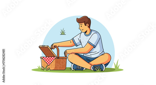 Relaxed Individual Unpacking Picnic Basket On A Sunny Day Outdoors Relax And Unwind