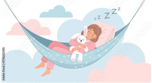 Serene Sleepy Time: A Girl's Dreamy Hammock Rest Amidst Gentle Pastel Clouds