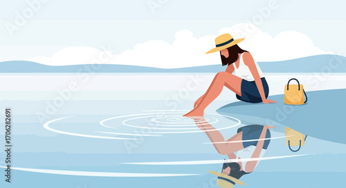 Serene Summer Scene: Woman Relaxing By Blue Water With Hat And Reflection