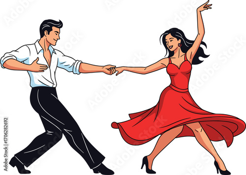 Elegant couple dancing passionately, man in white shirt, woman in red dress, romantic performance, Latin dance style, movement, rhythm, joy