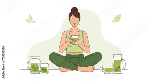 Serene Woman Enjoying Herbal Beverage In Peaceful Meditation State Of Mind