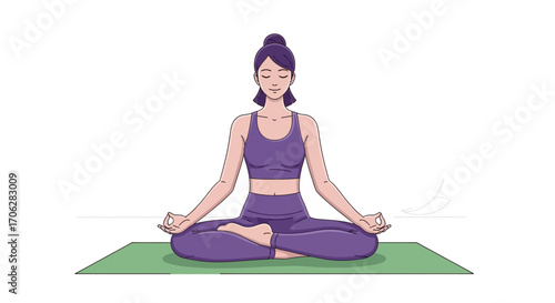 Serene Woman Meditating Gracefully in the Lotus Position on a Green Yoga Mat