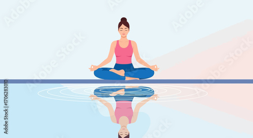 Serene Woman Meditating in Lotus Position with Water Reflection Illustration
