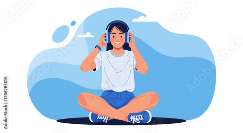 Relaxed Young Millennial Woman Wearing Headphones Enjoying Music in Meditative Posture