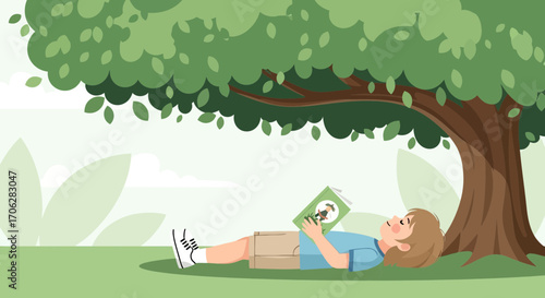 Relaxed Young Reader Enjoying A Book Under A Shady Tree During A Sunny Afternoon