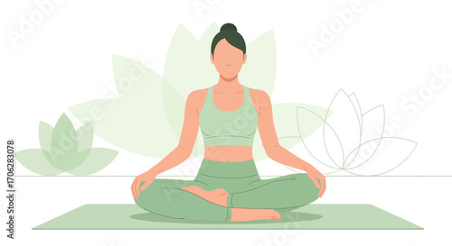 Serene Woman Practices Meditation In Lotus Pose With A Beautiful Light Green Lotus Background