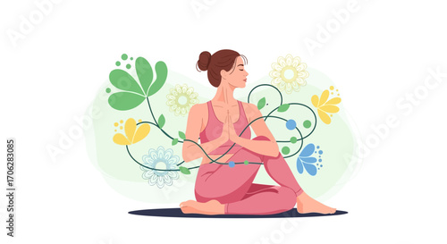 Serene Woman Practicing Yoga Alongside Floral Flourishes For Wellness And Mindfulness