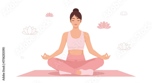 Serene Woman Practicing Yoga Meditation with Lotus Flowers on a White Background