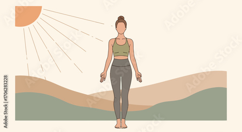 Serene Yoga Pose Against Landscape With Sun Illustration Conceptual Design