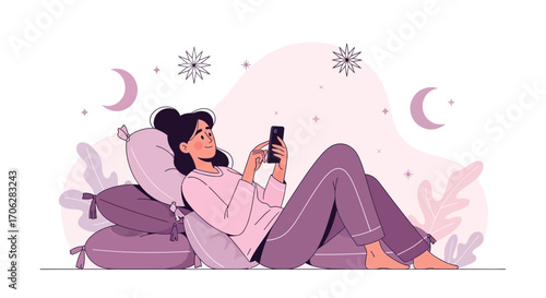 Relaxing Girl Using Her Smartphone Under the Night Sky with Pillows