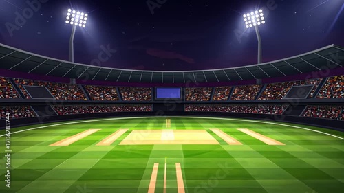 Dynamic nighttime cricket stadium with illuminated field and bright arena lights