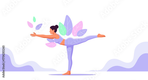 Serene Yoga Pose Amidst Abstract Foliage: A Harmonious Blend of Wellness and Nature's Essence