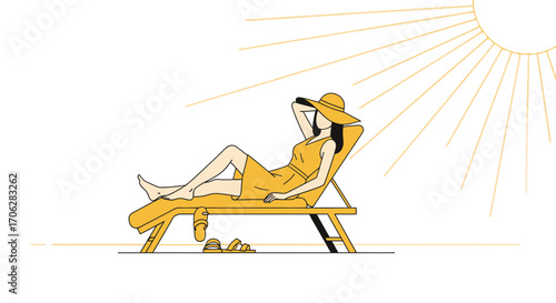 Relaxing In Sunshine: A Woman Enjoys Summer Sunlight on a Deck Chair