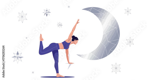 Serene Yoga Pose During Dreamy Night Illustrating Balance, Calmness, And Lunar Connection