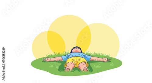 Relaxing In The Sun: A Child Lying On The Grass And Contemplating The Sky