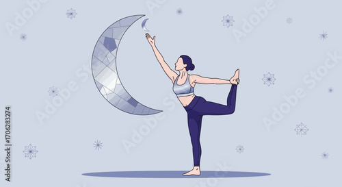Serene Yoga Pose Under The Moon With Peaceful Winter Floral Decorations