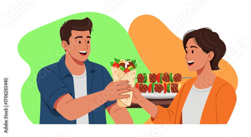 Sharing Delicious Food: Animated Couple Exchanging Kabobs and Wraps, Dining Together Happily