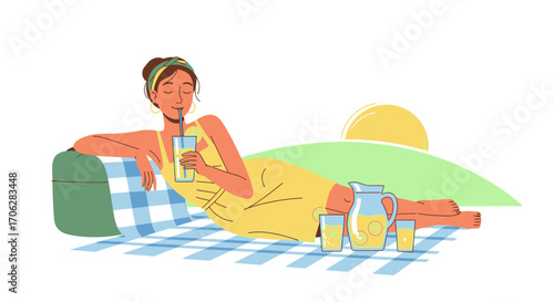 Relaxing Summer Day: Enjoying Lemonade On A Picnic Blanket In Peaceful Sunlight