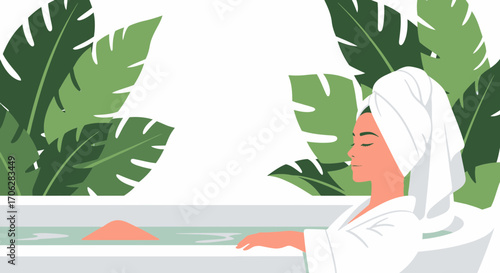 Relaxing Spa Day: Tranquil Woman Enjoys Bath Surrounded by Exotic Green Foliage