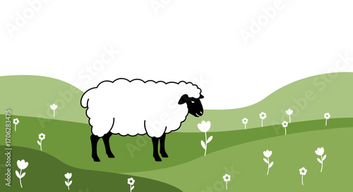 Sheep Grazing Amongst Flowers in Calm Green Pasture, Vector Illustration Available