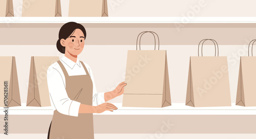 Shopkeeper Arranging Paper Bags On Shelf Representing Retail And Customer Service